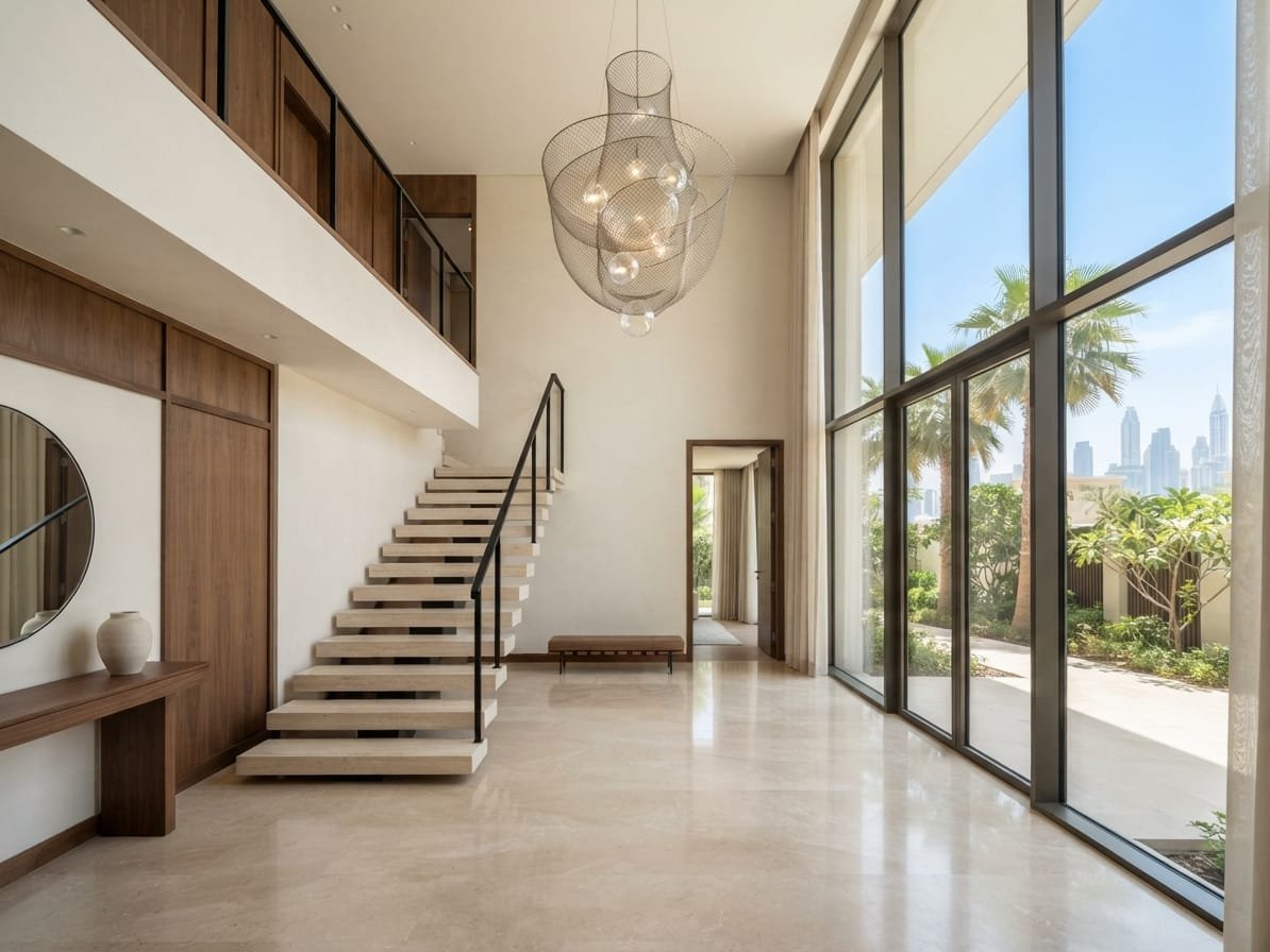 Double-height entrance hall with feature staircase in the Al Barsha villa