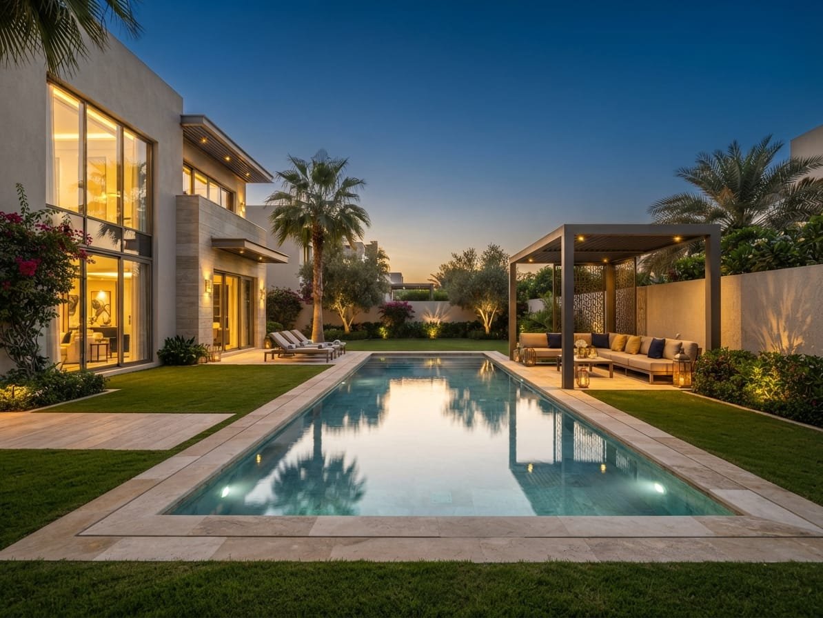 Landscaped pool courtyard at the rear of the Al Barsha villa