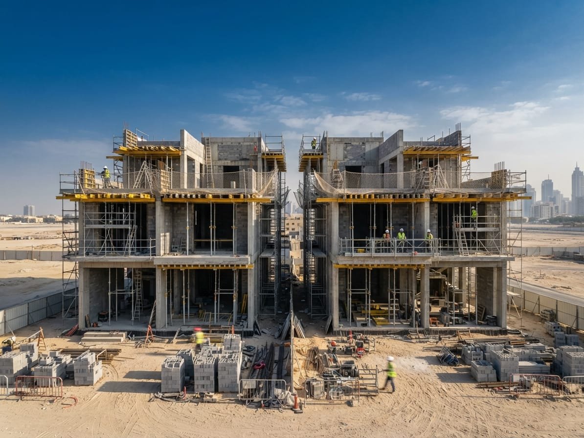 First-floor slab and column formwork on the Al Warqaa twin villa project