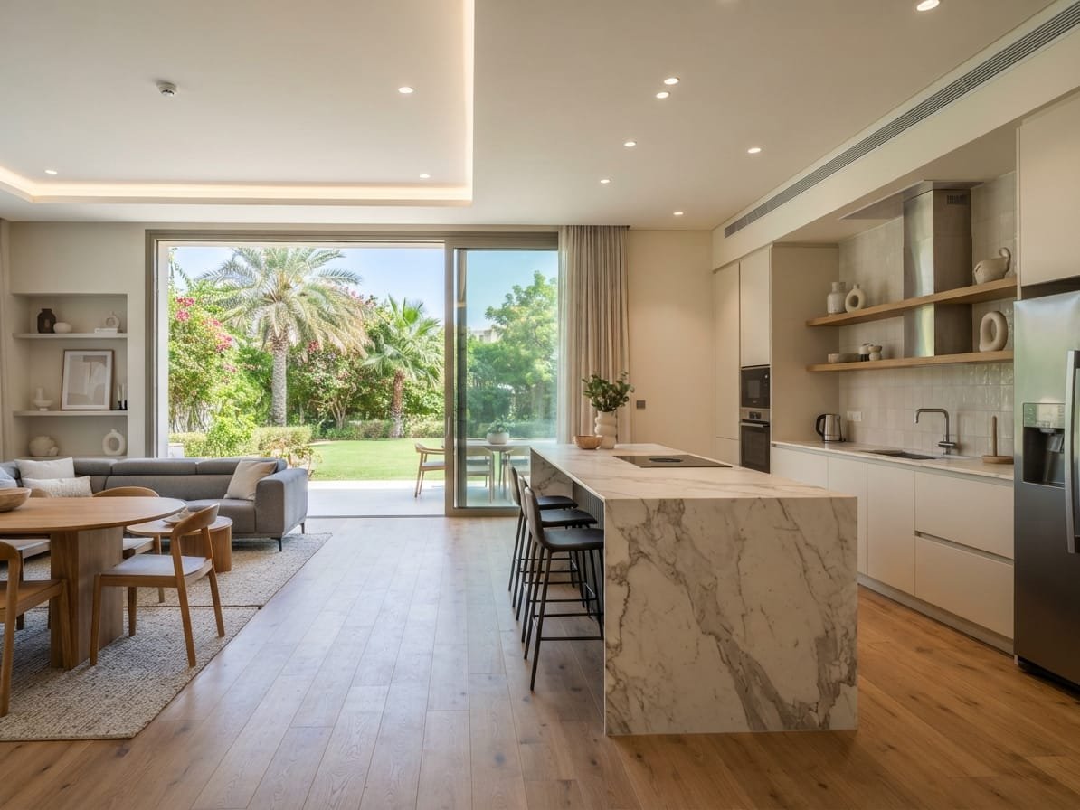 New open-plan kitchen and family room in the extended Jumeirah villa