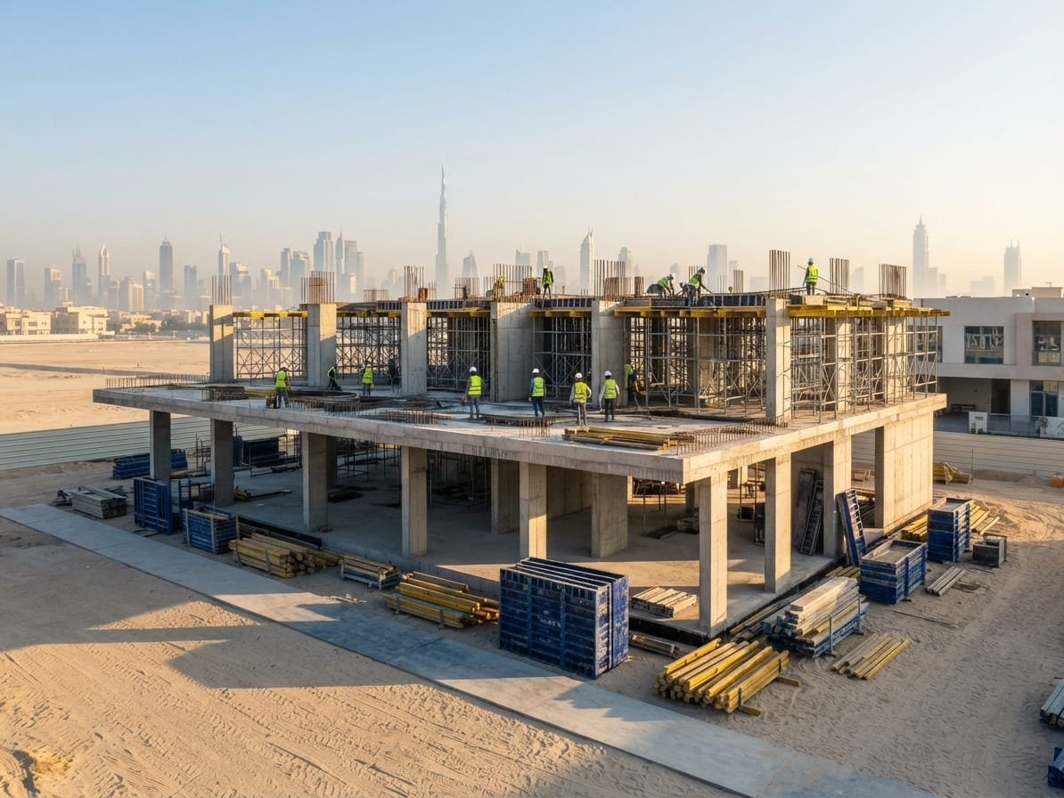 G+1 building structure in Dubai with the completed first-floor slab