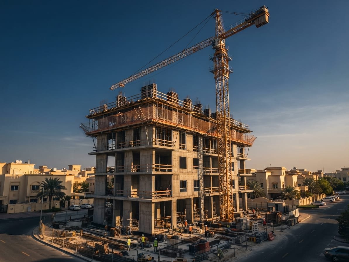 Mid-rise façade cladding installation on a Dubai apartment building