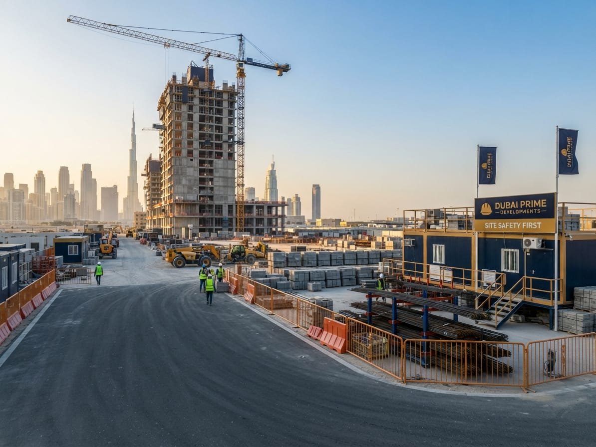 Organised construction site with material laydown area and safety signage