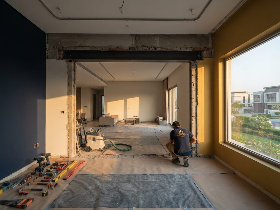 Alteration works in progress — partition removal and new openings in a Dubai property