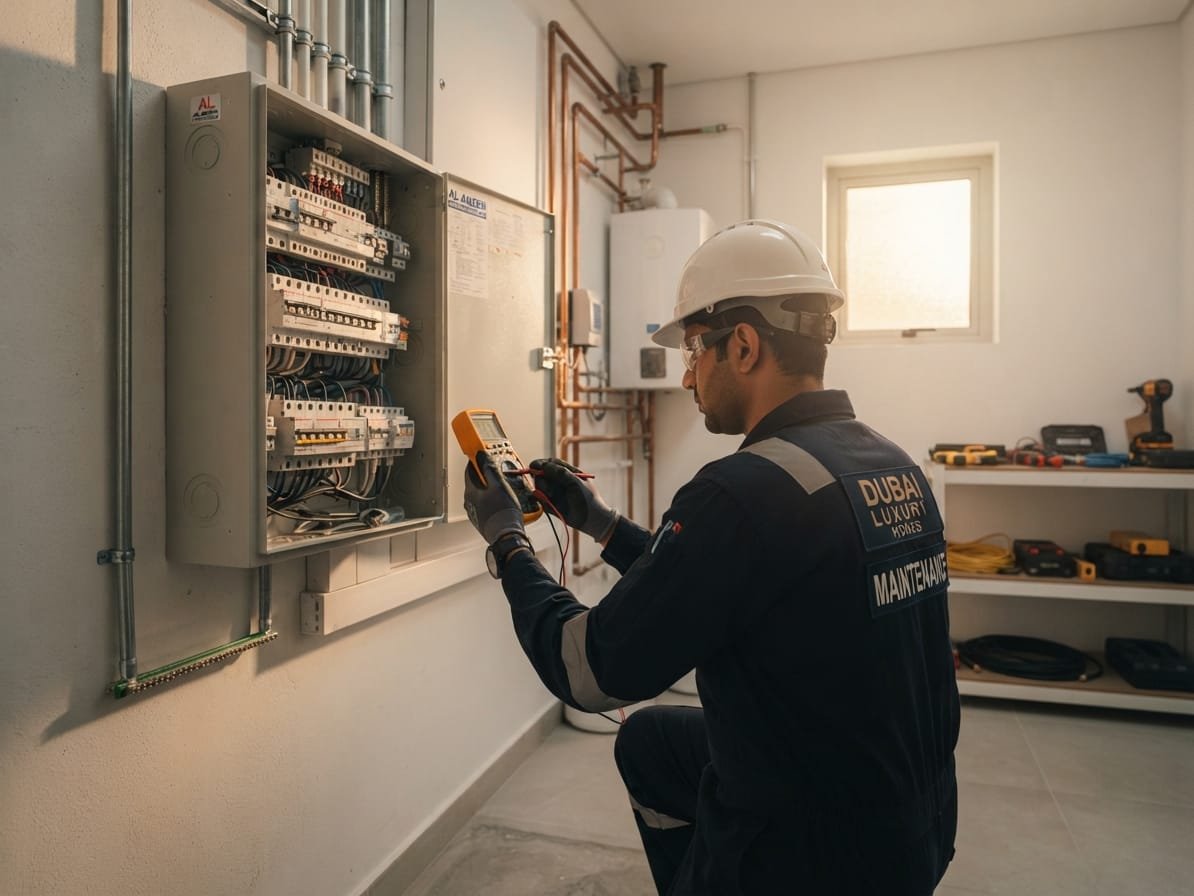 Maintenance team carrying out technical works inside a Dubai villa