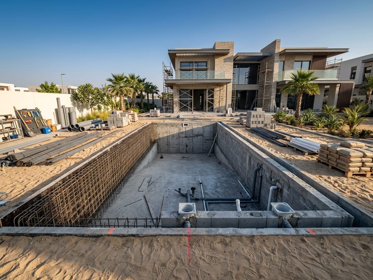 Reinforced concrete swimming pool shell under construction in a Dubai villa garden