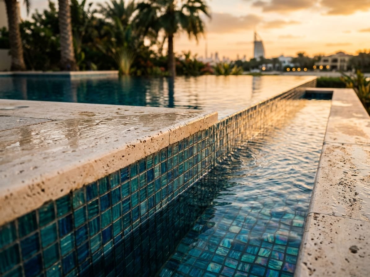 Glass mosaic tiling and travertine coping detail on a completed Dubai pool