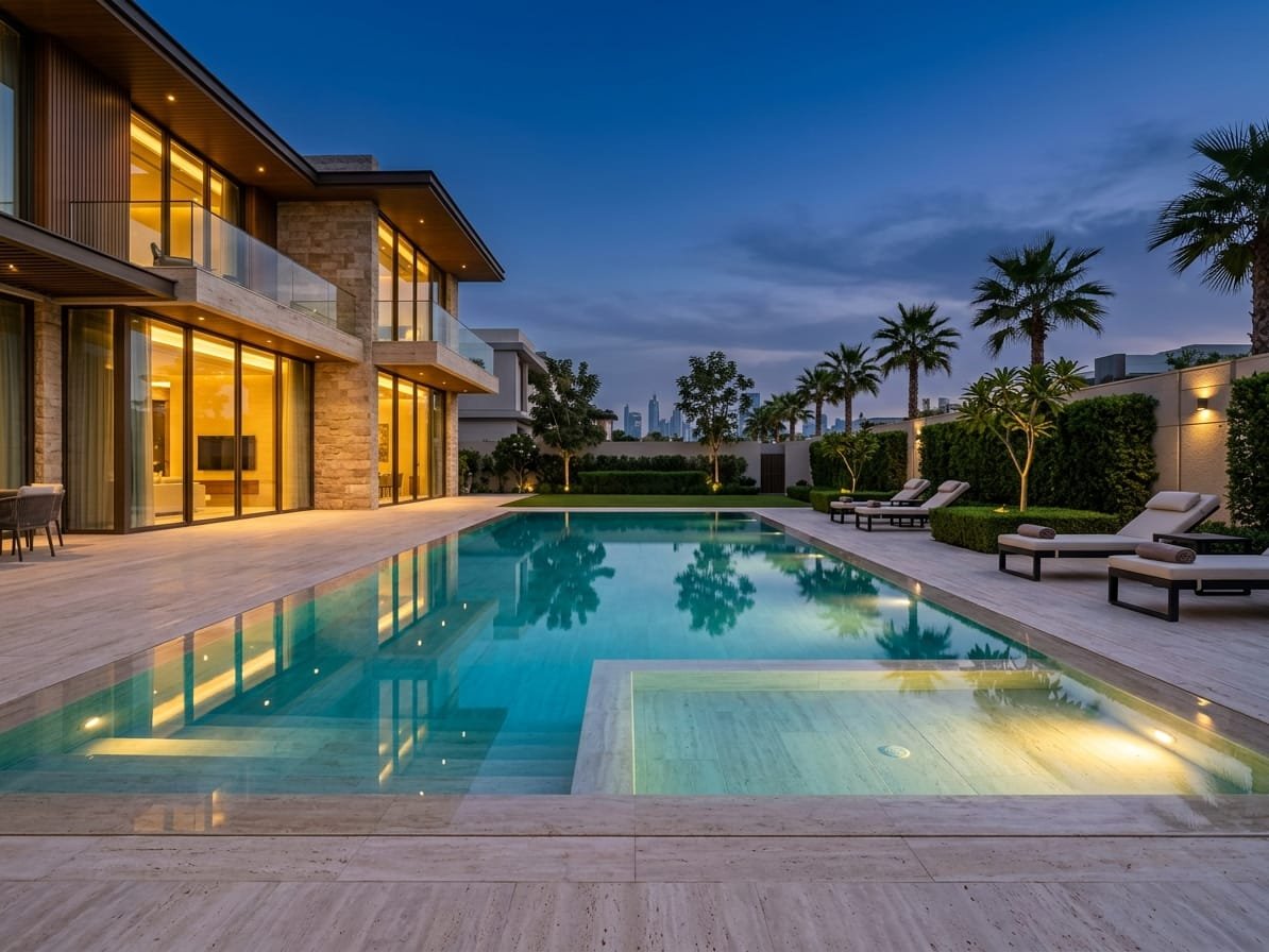 Finished villa swimming pool with travertine deck at golden hour in Dubai