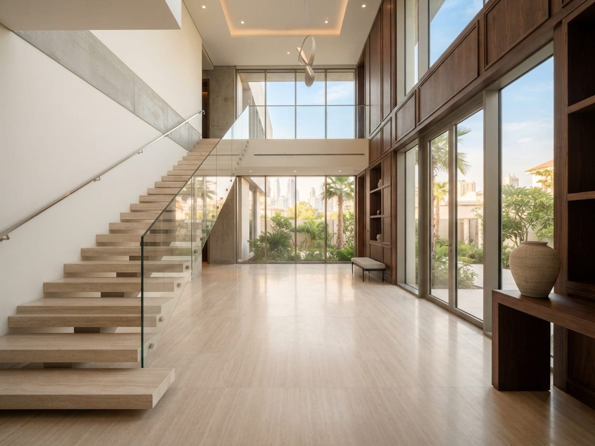 Double-height villa entrance lobby with stone cladding and bespoke joinery