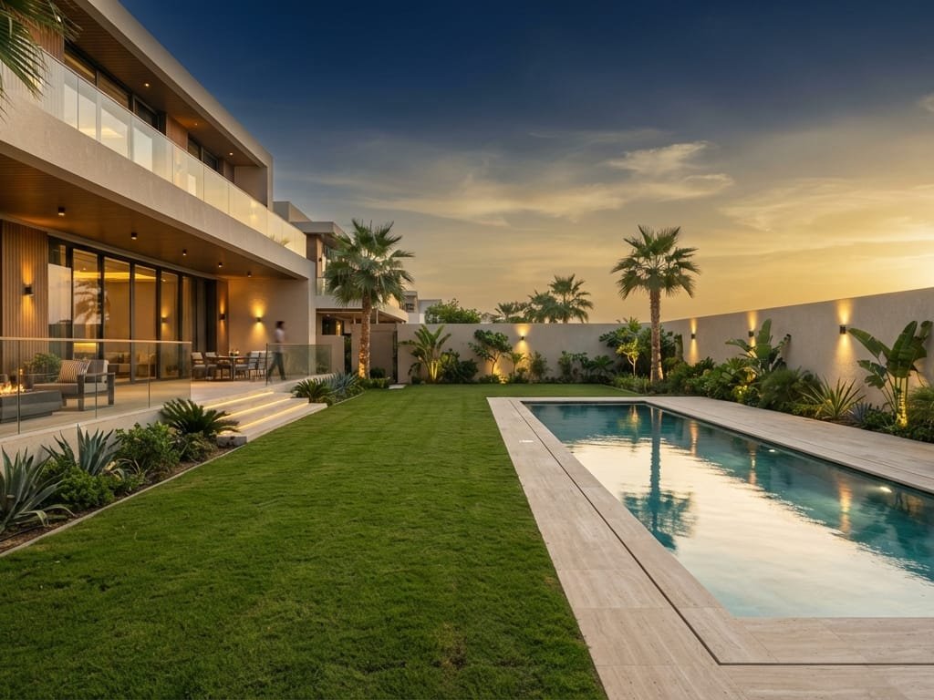 Villa landscaping, pool deck and boundary wall nearing completion in Dubai
